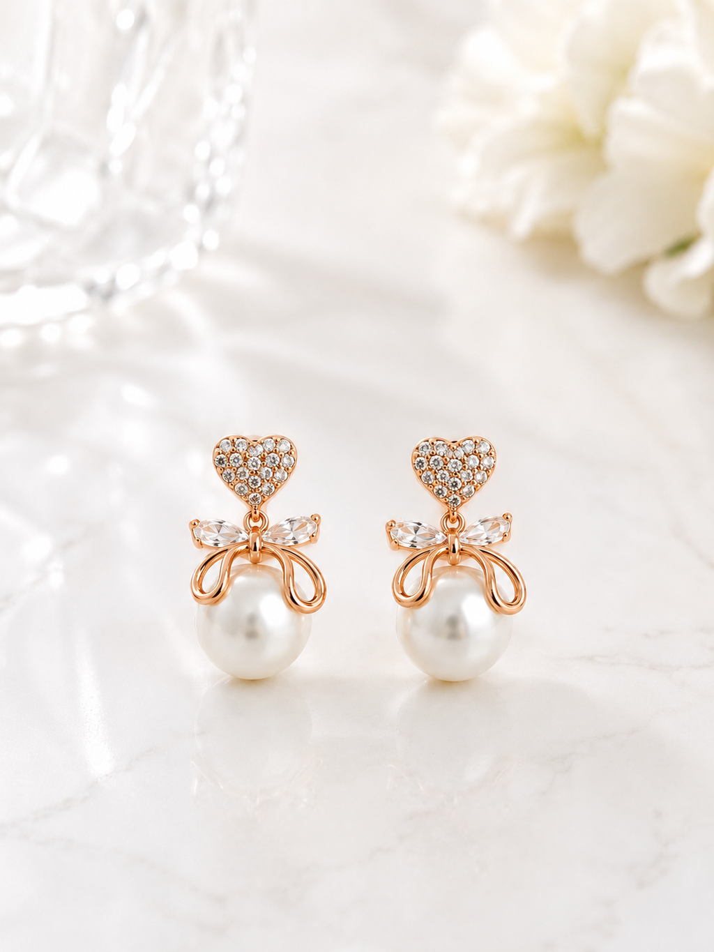 Rose Gold Heart Pearl Earrings
