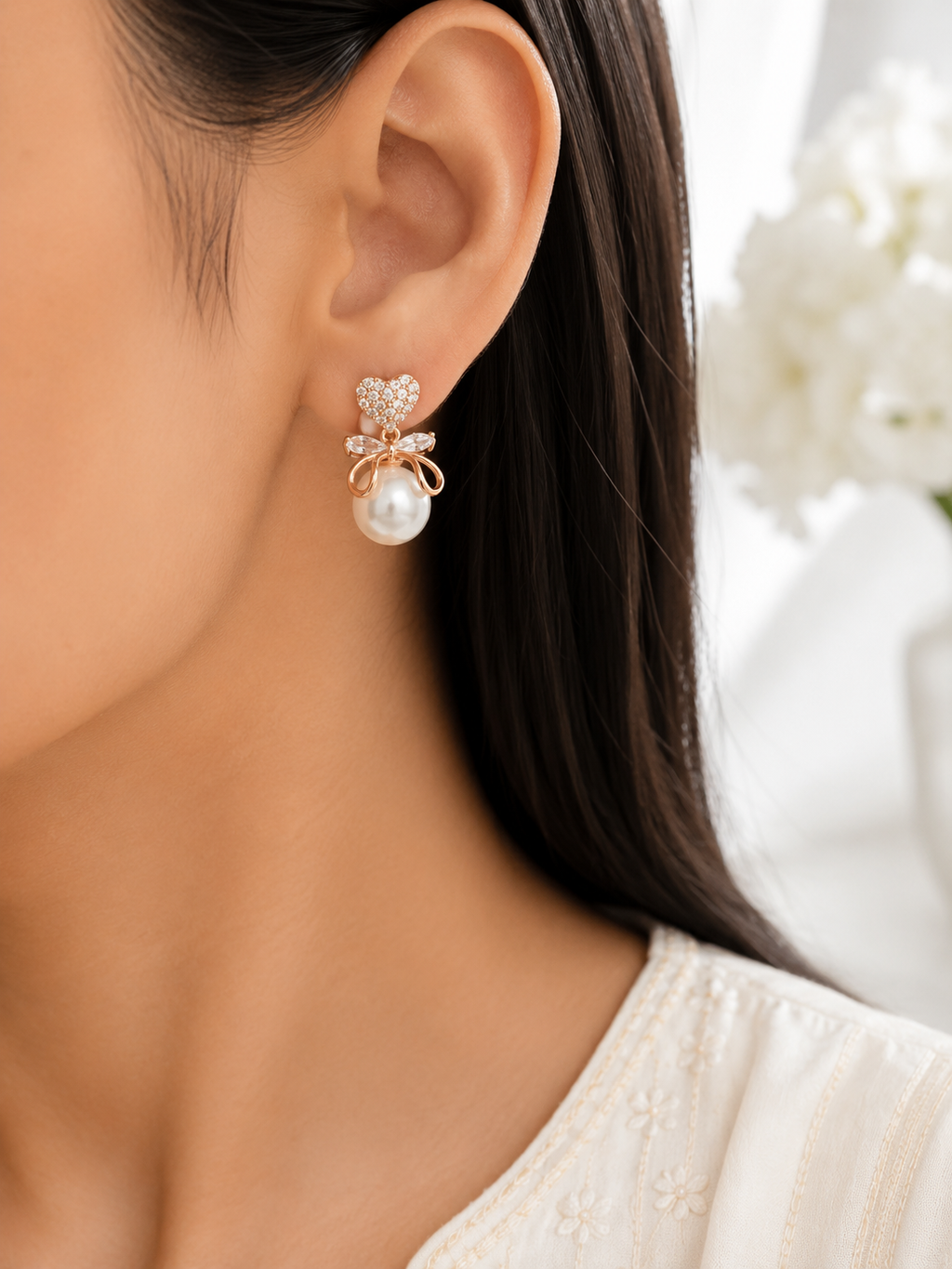 Rose Gold Heart Pearl Earrings