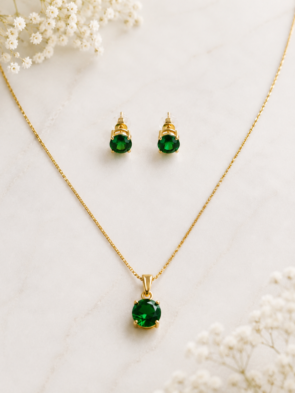 Emerald Solitaire Necklace & Earrings Set