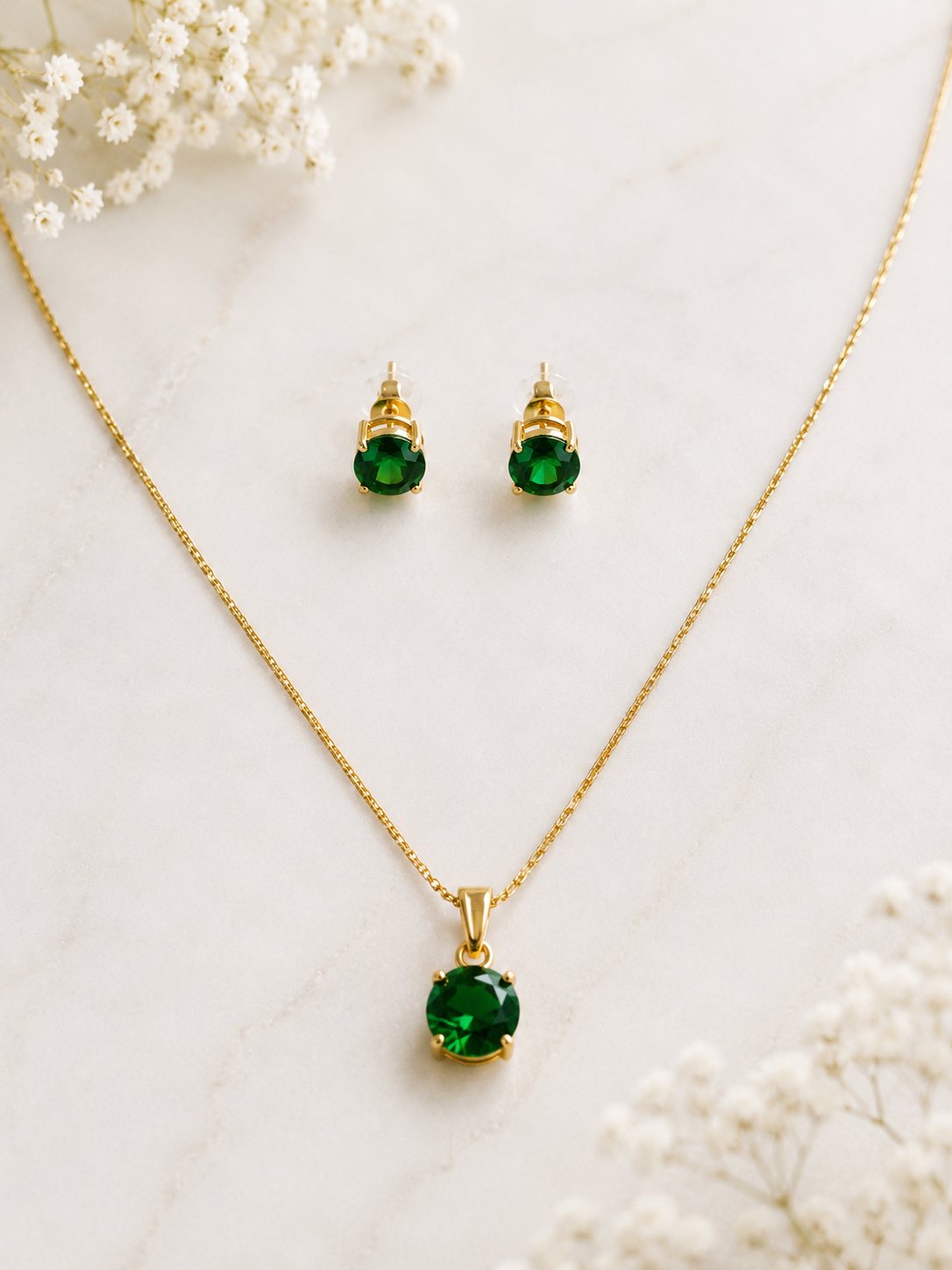 Emerald Solitaire Necklace & Earrings Set