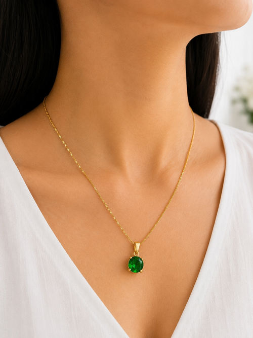 Emerald Solitaire Necklace & Earrings Set