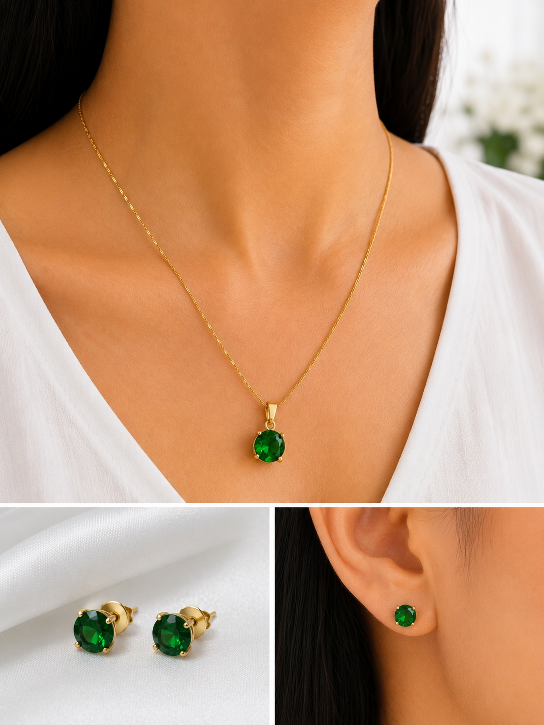 Emerald Solitaire Necklace & Earrings Set